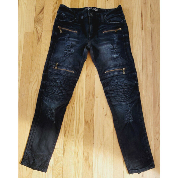 ROBIN'S JEAN BIKERS MOTO ZIPPERS RIPS KNEE QUILTED STYLE SZ 32 - Picture 1 of 6
